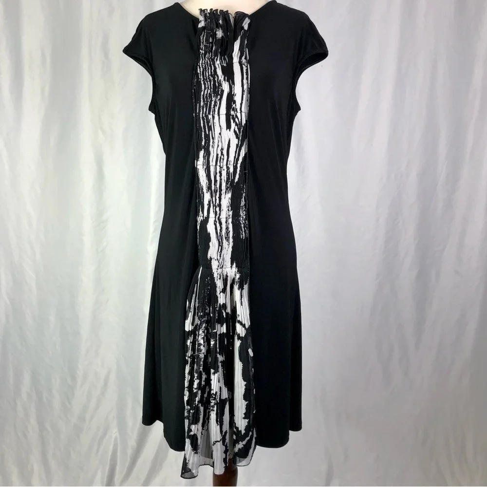 Samuel Dong pleated chiffon front dress stretch jersey cap sleeve black white M - Picture 4 of 10
